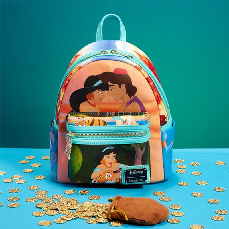 Mini backpack that features different scenes from Disney's Aladdin on each panel of the bag.